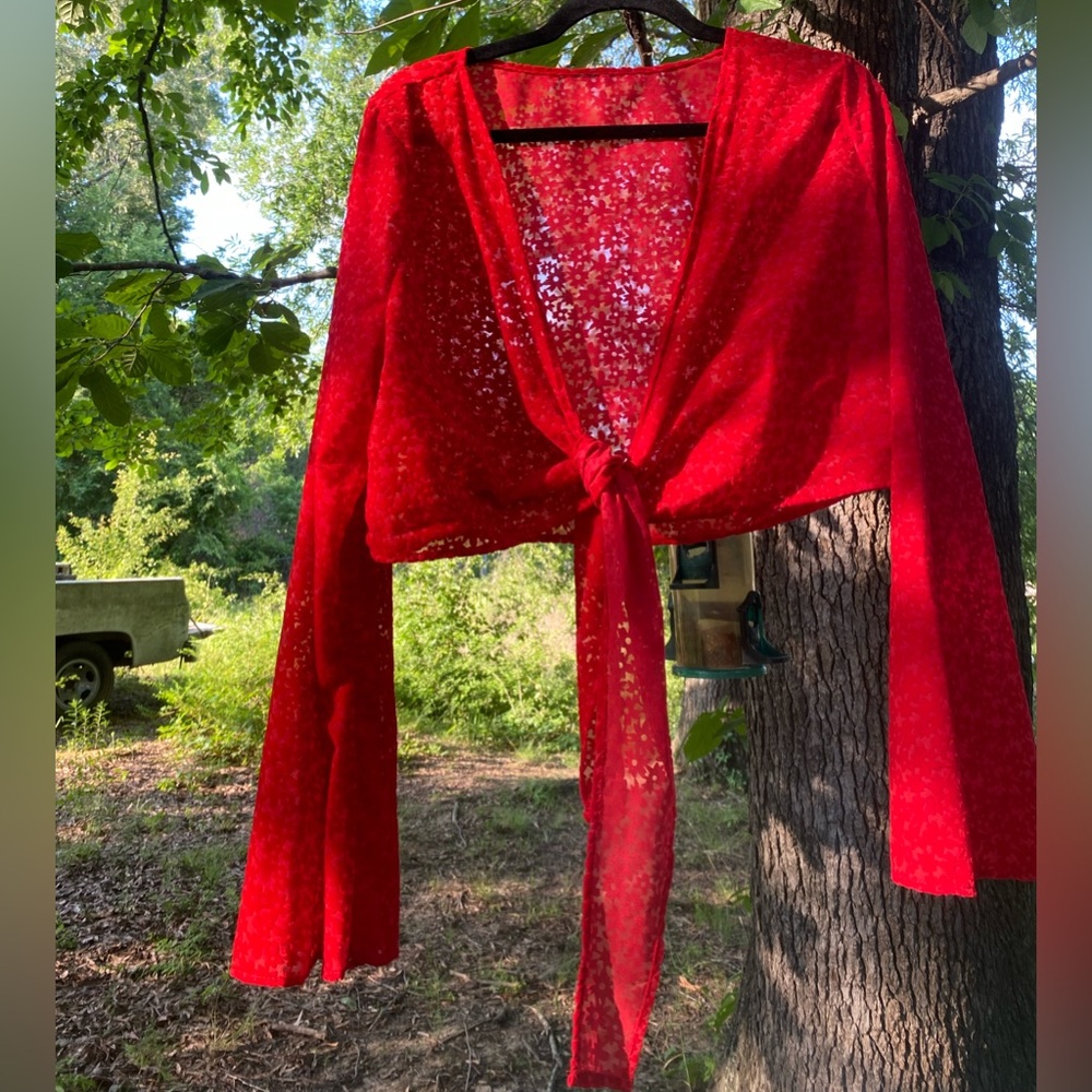 Red, Flower Bell Sleeve Front Tie Top